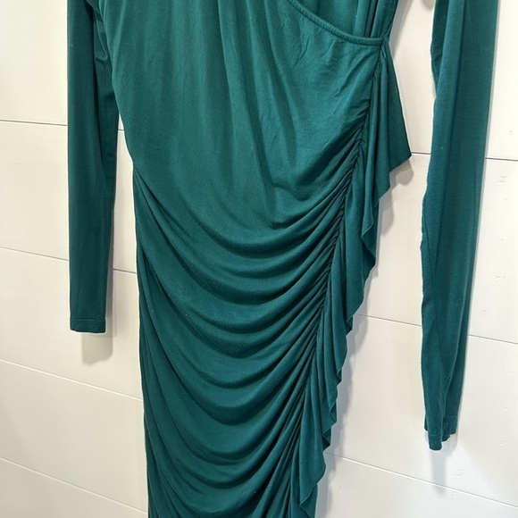 Sundance Reflection Dress Ruched Ruffle Midi Dress Teal Green Bodycon Size Small - Picture 4 of 8